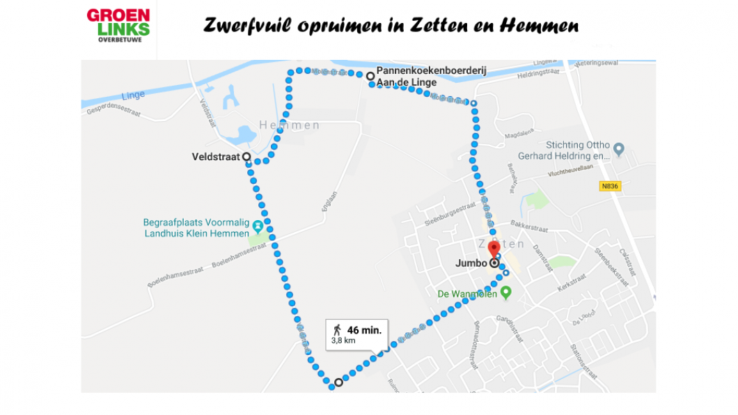 Zwerfvuil prikken Zetten-Hemmen routekaart